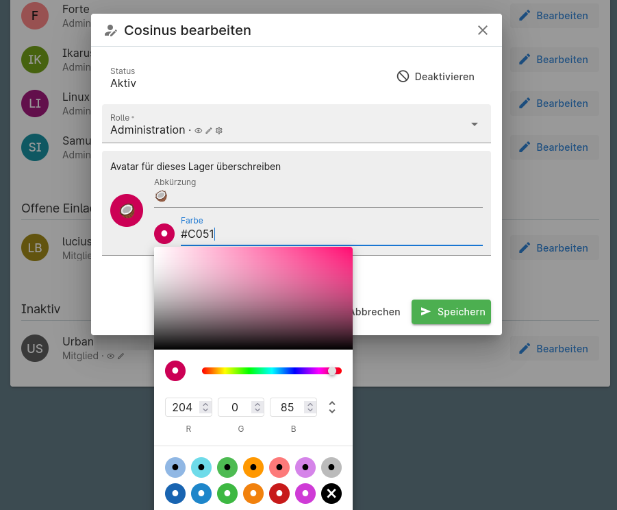 Farben und Initialen für Mitleitende anpassen